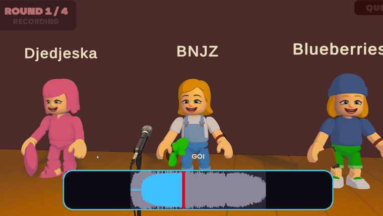 Mimic Party recording phase: three players on stage, a waveform bar and a GO! prompt